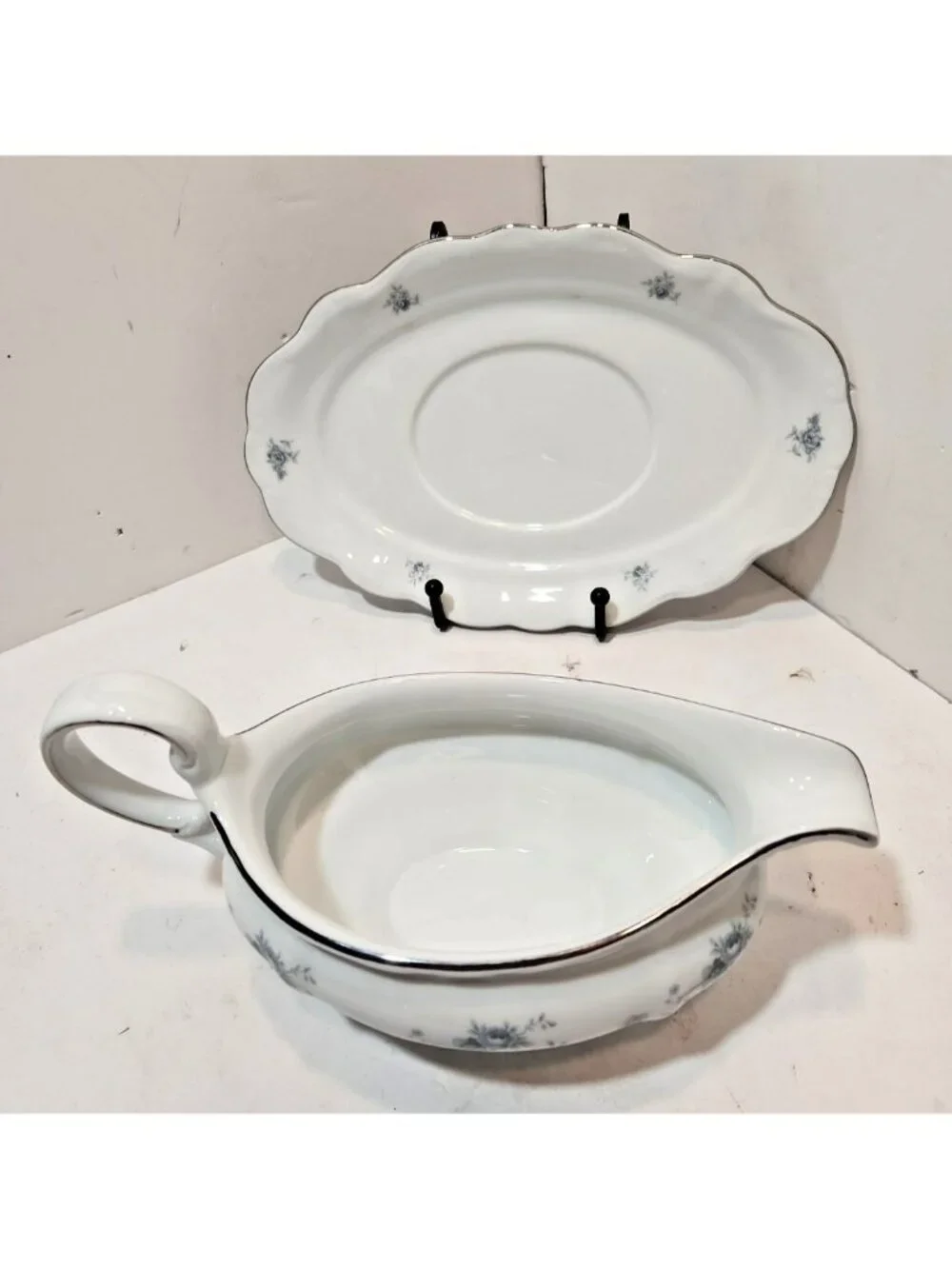 Vtg Johann Haviland Blue Garland China Bavaria Backstamp Gravy Boat w/Underplate